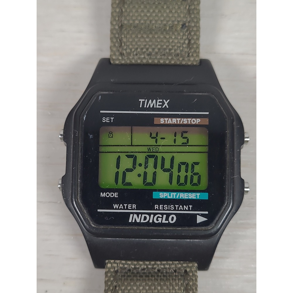 Timex Indiglo‎ Digital Watch Mens Black Case Olive Green Canvas Band 555 P5